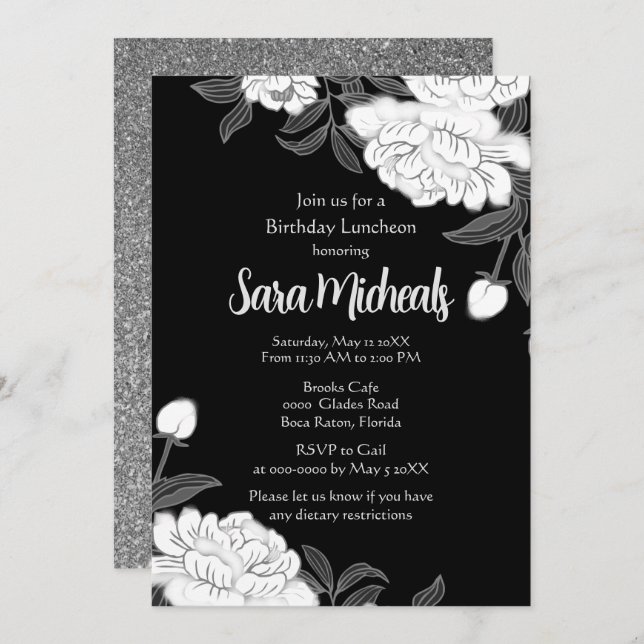 Elegant Black and White Flower Luncheon Invitation (Front/Back)
