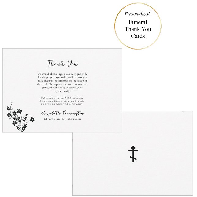 Elegant Black and White Flowers Orthodox Funeral  Thank You Card (Creator Uploaded)
