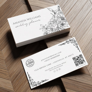 Elegant Black and White Flowers QR Code Business Card
