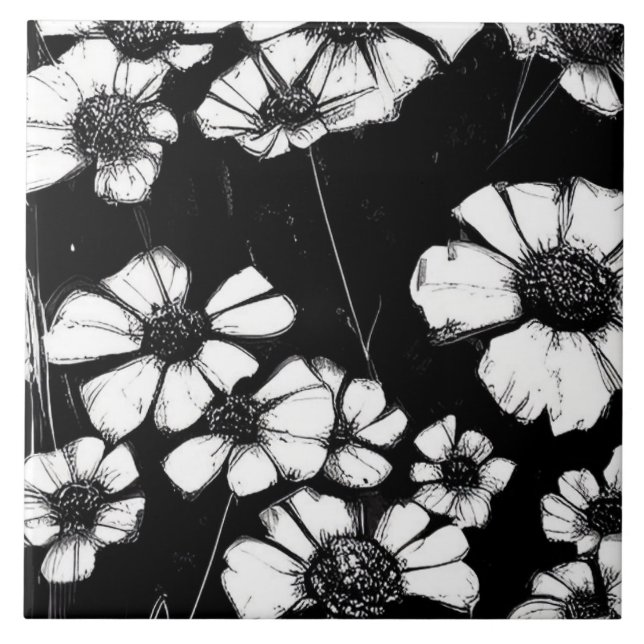 Elegant Black And White Flowers Tile (Front)
