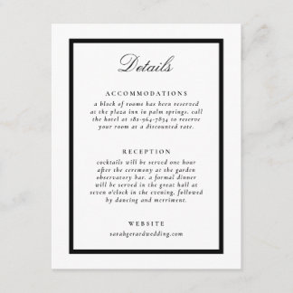 Elegant Black and White Formal Wedding Details Enclosure Card