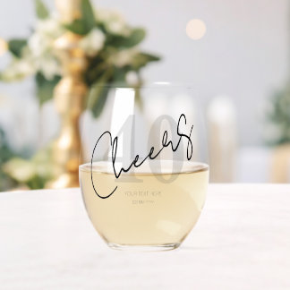Elegant Black and White Forty 40th Birthday Stemless Wine Glass