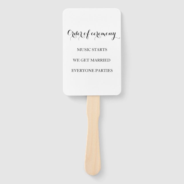 Elegant black and white funny wedding program hand fan (Front)