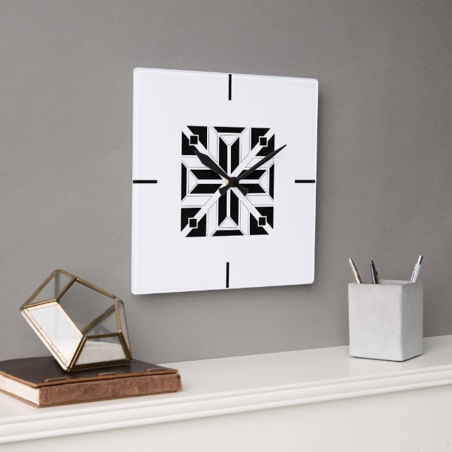 Elegant Black and White Geometric Pattern Square Wall Clock (Office)