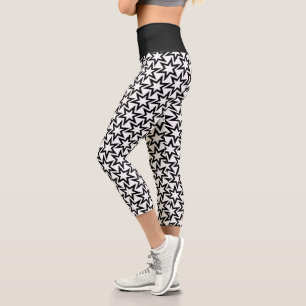 Elegant Black and White Geometric Star Pattern Capri Leggings