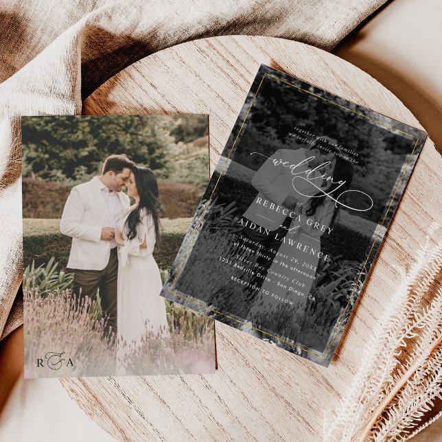 Elegant Black and White Gold Border Photo Wedding Invitation (Creator Uploaded)