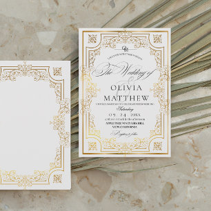 Elegant Black and White Gold Photo Wedding Invitation