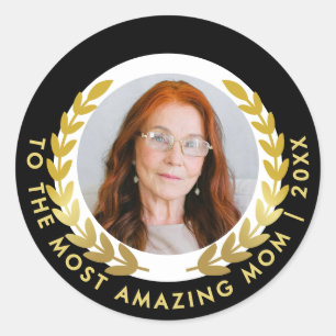 Elegant Black And White Gold Wreath Award Photo Classic Round Sticker