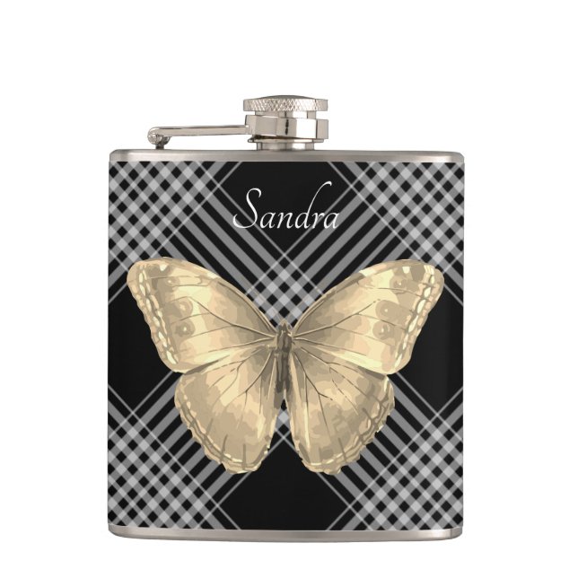 Elegant black and white golden Butterfly Hip Flask (Front)