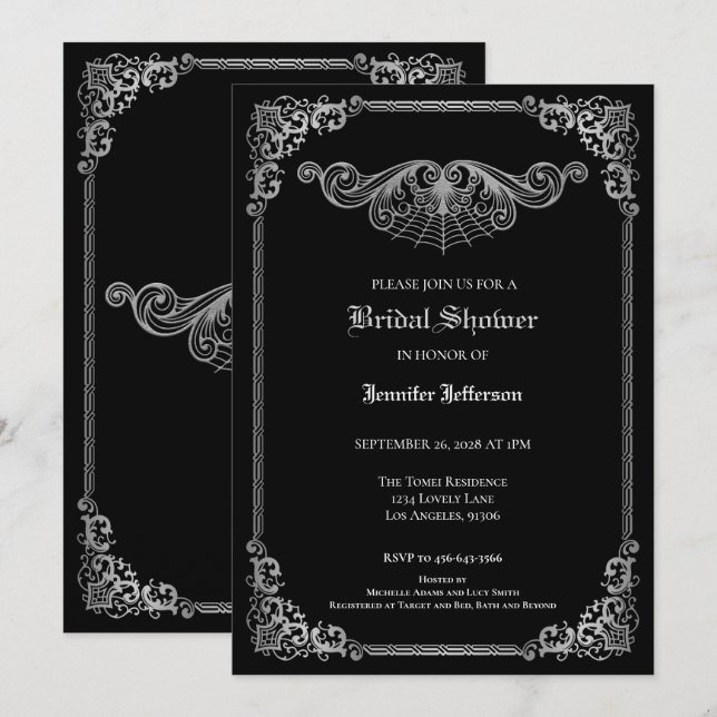 Elegant black and white Gothic Bridal Shower Announcement (Front/Back)
