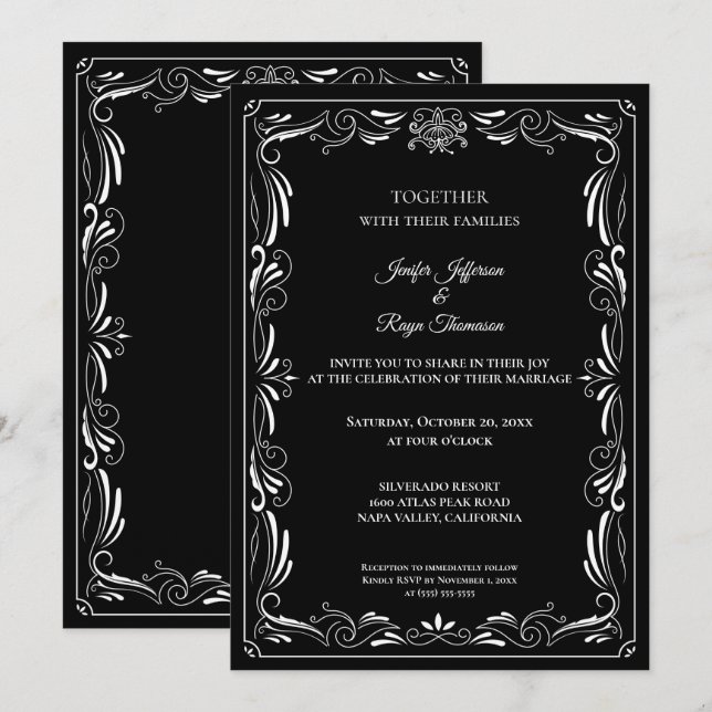Elegant black and white Gothic wedding Invitation (Front/Back)