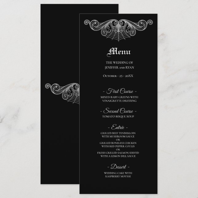 Elegant black and white Gothic Wedding Menu (Front/Back)