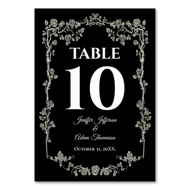Elegant black and white Gothic Wedding Table Number (Front)