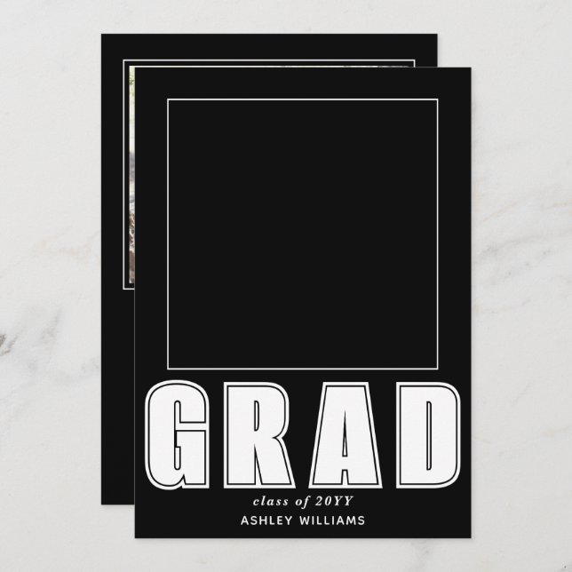 Elegant black and white GRAD Class of 2025 photo Invitation (Front/Back)