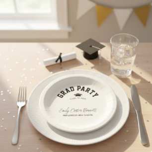 Elegant Black and White Grad Hat Graduation Paper Plate