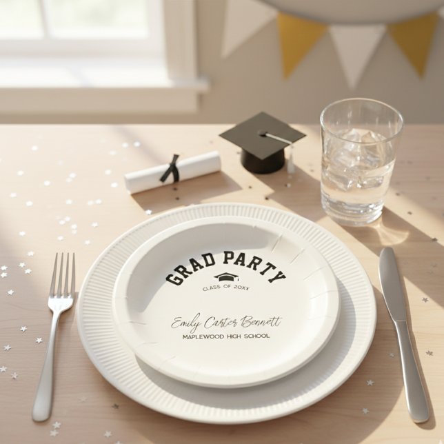 Elegant Black and White Grad Hat Graduation  Paper Plate (Creator Uploaded)