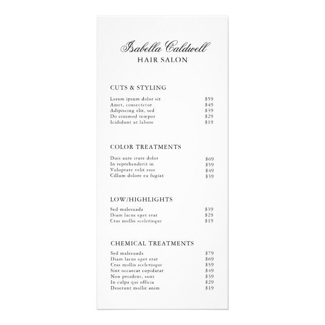 Elegant Black and White Hair Salon Price List Rack Card (Front)