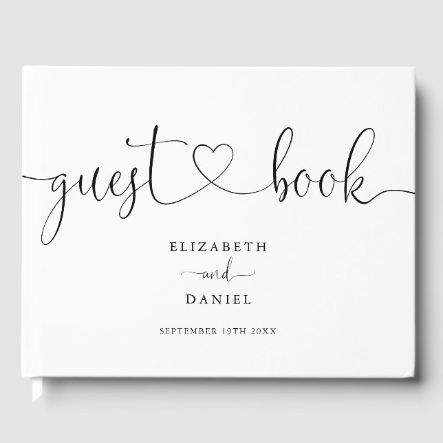 Elegant Black And White Heart Script Wedding Guest Book (Front)