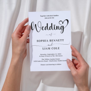 Elegant Black and White Heart Script Wedding  Invitation