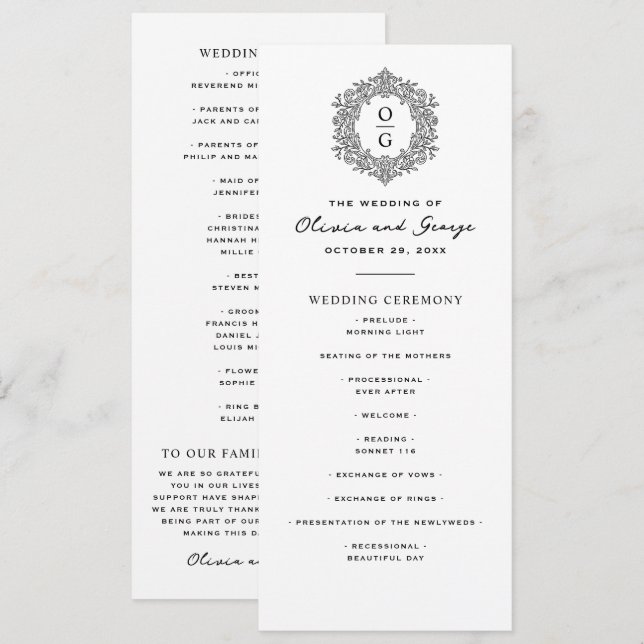 Elegant Black and White Heirloom Wedding Programme (Front/Back)