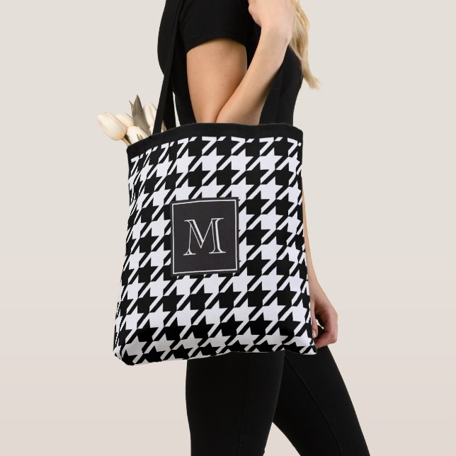 Elegant Black and White Houndstooth Monogram Tote Bag (Close Up)