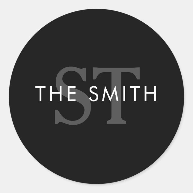 Elegant Black and White Initial Monogram Custom  Classic Round Sticker (Front)