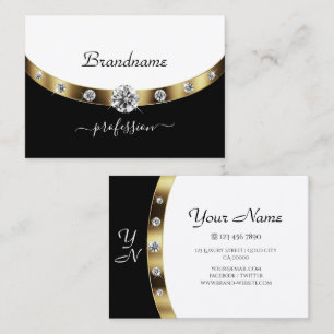 Elegant Black and White Initials Faux Rhinestones Business Card