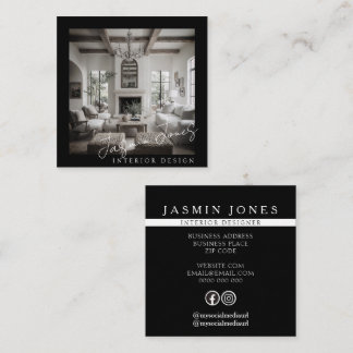 Elegant Black and White Interior Design Photo Square Business Card