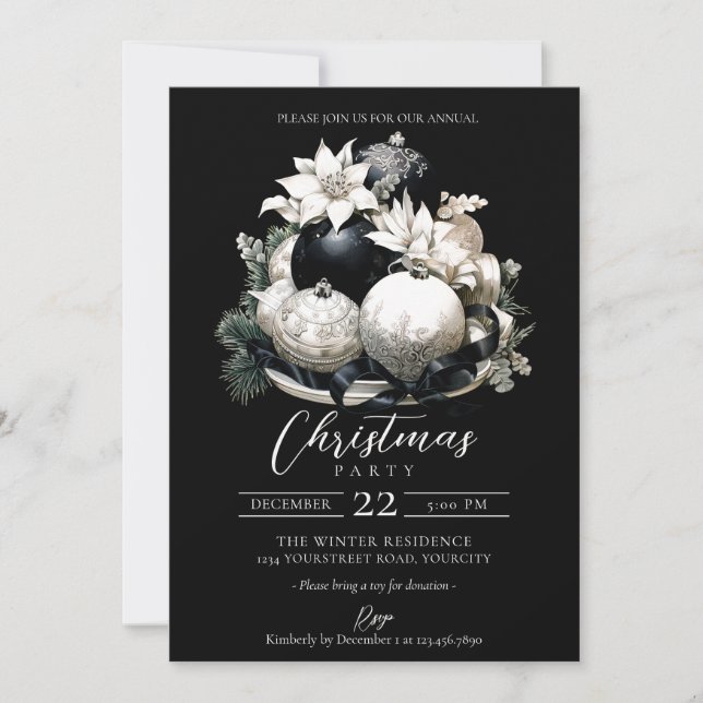 Elegant black and white ivory Christmas party Invitation (Front)