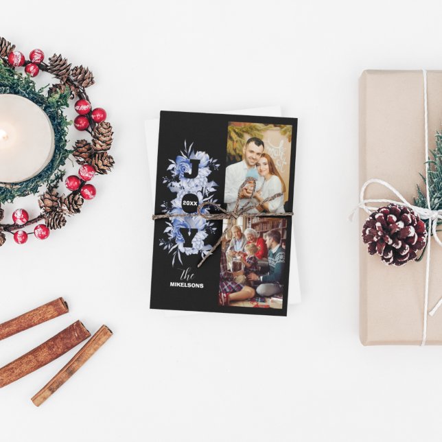 Elegant Black and White Joy Christmas Photo Holiday Card (Creator Uploaded)