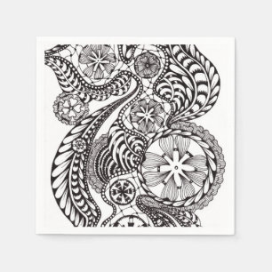 Elegant Black and White Lace Zentangle Floral Pape Napkin