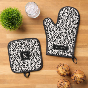 Elegant Black and White Leaves Pattern Oven Mitt & Pot Holder Set