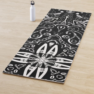 Elegant black and white mandala design throw pillo yoga mat