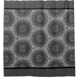 Elegant Black and White Mandala Pattern with Gray Shower Curtain