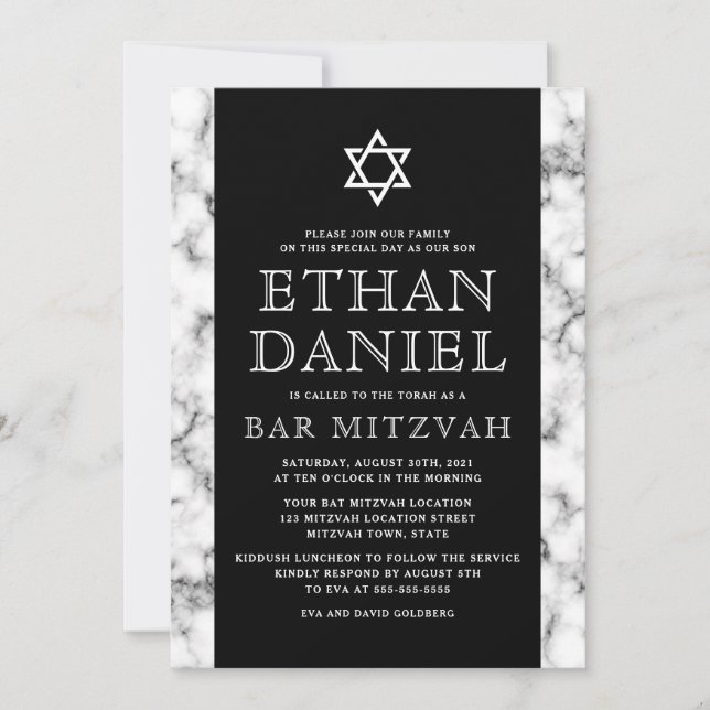 Elegant black and white marble texture bar mitzvah invitation (Front)