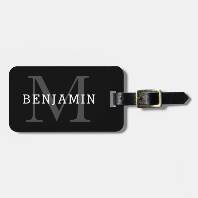 Elegant Black And White Men's Monogram Luggage Tag (Front Horizontal)
