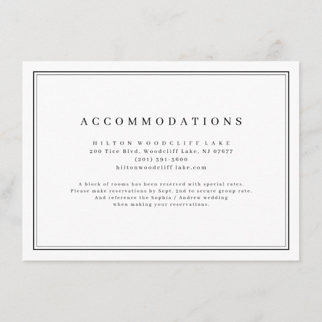 Elegant black and white minimalist accommodations enclosure card (Front)