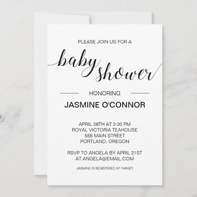 Elegant Black and White Minimalist Baby Shower Invitation (Front)