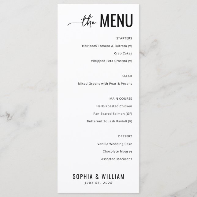 Elegant Black and White Minimalist Wedding Menu (Front)