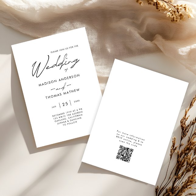 Elegant Black and White Modern Typography Wedding Invitation (Front / Back)