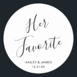 Elegant Black and White Modern Wedding Classic Round Sticker<br><div class="desc">Cute black and white wedding stickers featuring a simple and minimalist layout with "Her Favourite" in an elegant script along with your names and wedding date. A modern design that goes with any style of wedding. These custom stickers are great for putting on the bride's favourite candy or snacks as...</div>