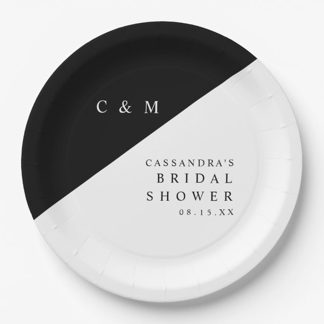 Elegant Black And White Monogram Bridal Shower Paper Plate (Front)