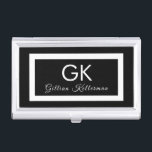 Elegant Black and White Monogram Business Card Holder<br><div class="desc">This elegant black and white business card case has monogrammed initials in a modern white typography with your name below accented by a white frame.  Designed by artist Susan Coffey.</div>