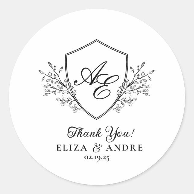 Elegant Black and White Monogram Crest Wedding Classic Round Sticker (Front)
