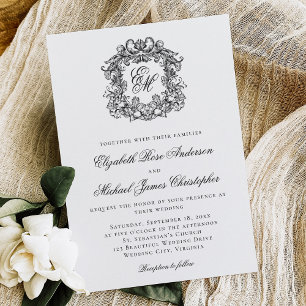 Elegant Black and White Monogram Crest Wedding Invitation