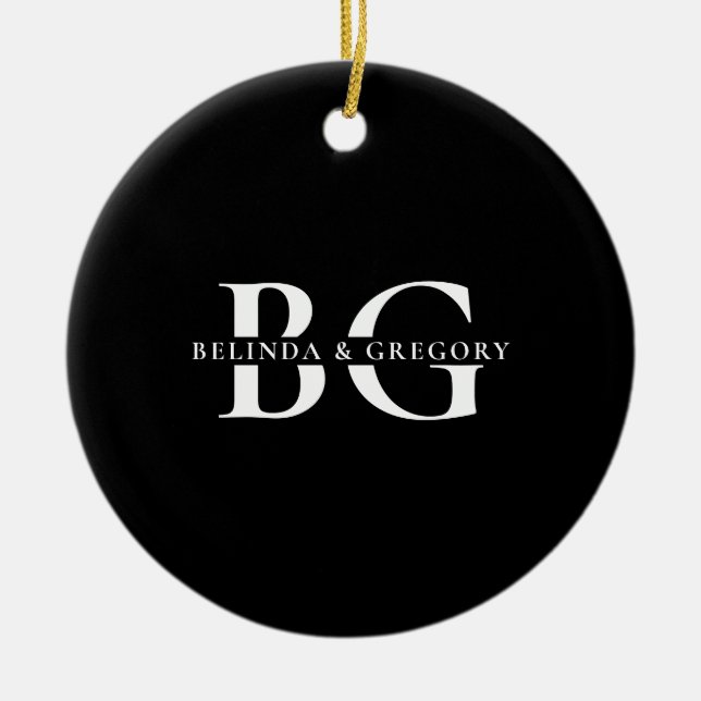 Elegant Black and White Monogram Initials Wedding Ceramic Tree Decoration (Front)