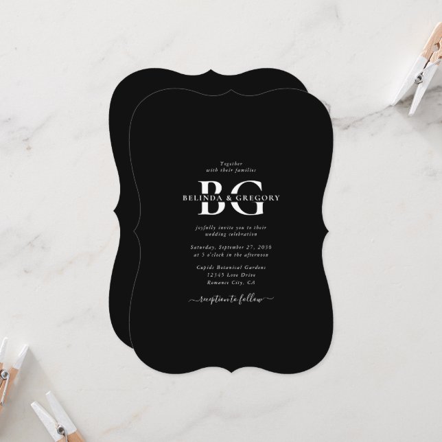 Elegant Black and White Monogram Initials Wedding  Invitation (Front/Back In Situ)