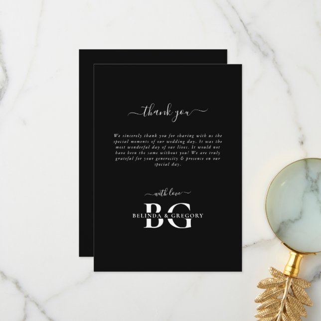 Elegant Black and White Monogram Initials Wedding Thank You Card (Front/Back In Situ)