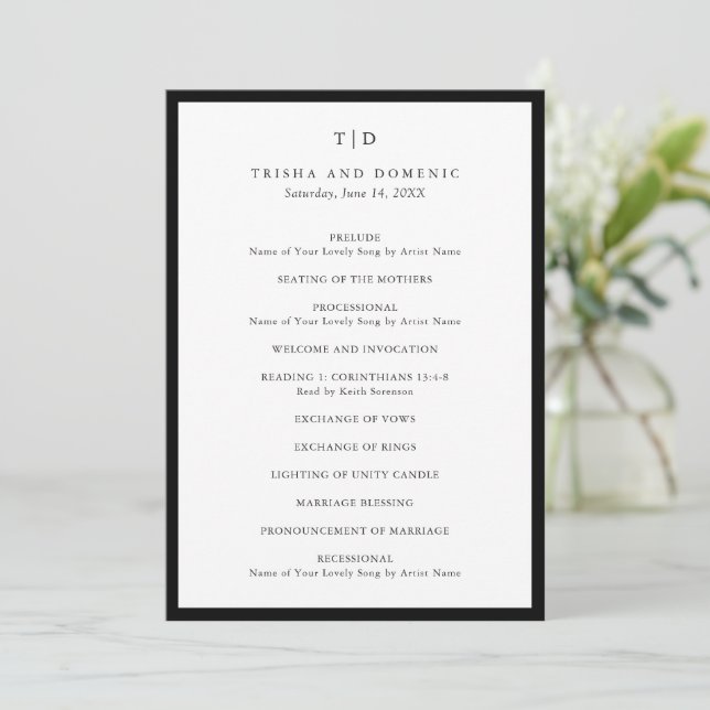 Elegant Black and White Monogram Modern Wedding Programme (Standing Front)