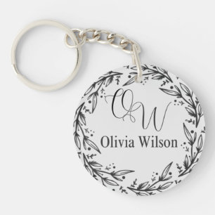 Elegant Black and White Monogram Name Laurel Wreat Key Ring
